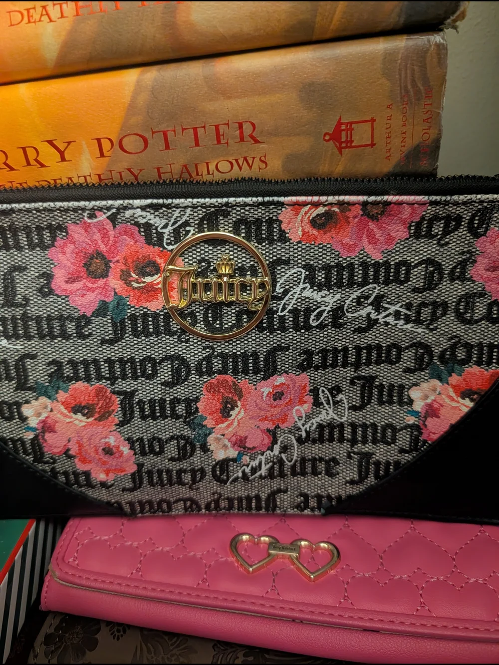 Juicy Couture Floral Print Black & Pink Crossbody Clutch